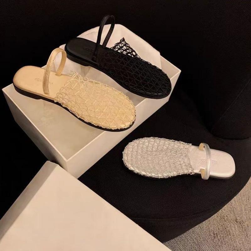 Woven summer new sandals women's flat-bottomed bag head half slippers hollowed out niche fisherman round head fishing net