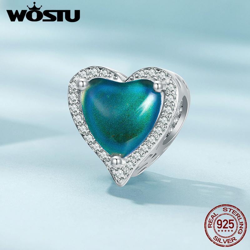 WOSTU 925 Sterling Silver Heart Shape Thermosensitive Stone Charm Beads for Women Girls Bracelet & Bangle DIY Jewelry