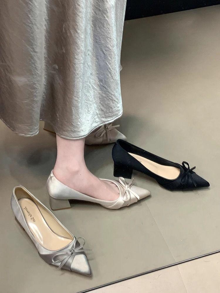 Bow single shoes women's autumn and winter 2025 new satin thick heel late evening wind pedal low heel pointed high heels