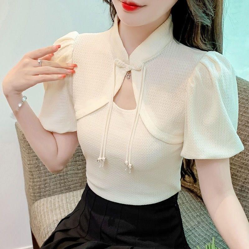 Tshirt Women Summer Bubble Sleeve Hollow Out With Embroidery For Casual Wear