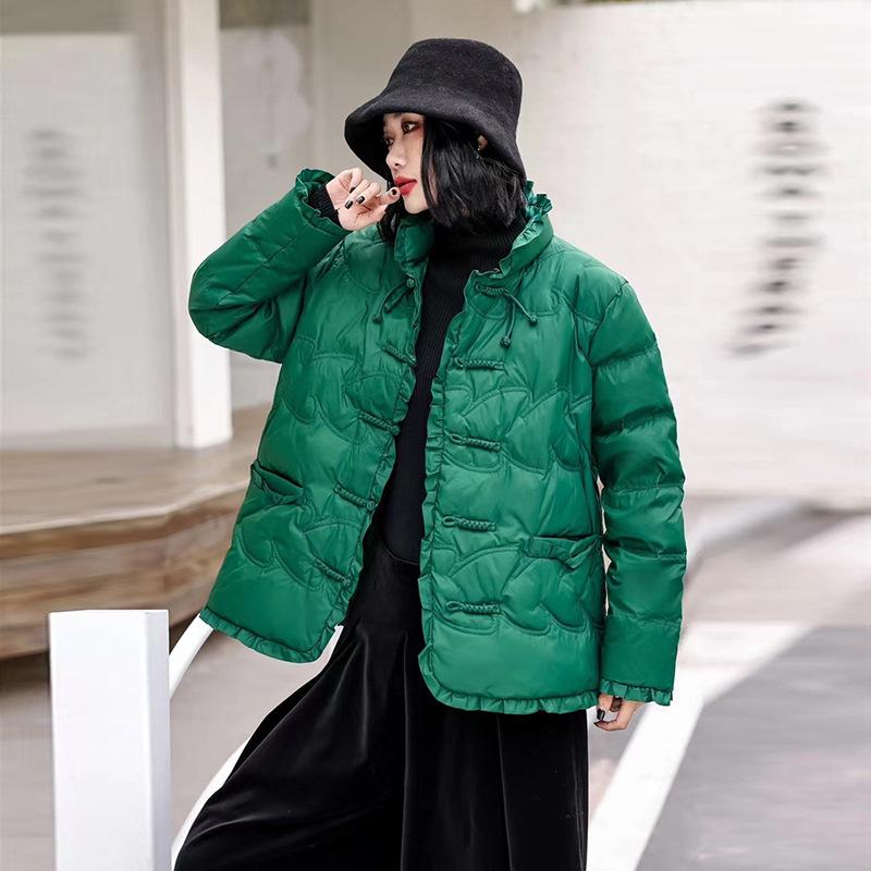 Button short down jacket women's 2024 winter fashion literary and retro warm lace stand-up collar warm white duck down jacket