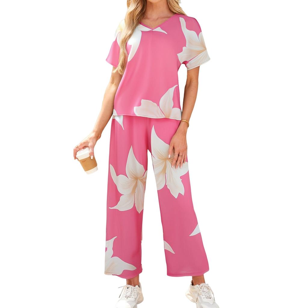 Women's Casual Vacation V-Neck Sleeve Top And Trousers Fashion Print Two Piece Set