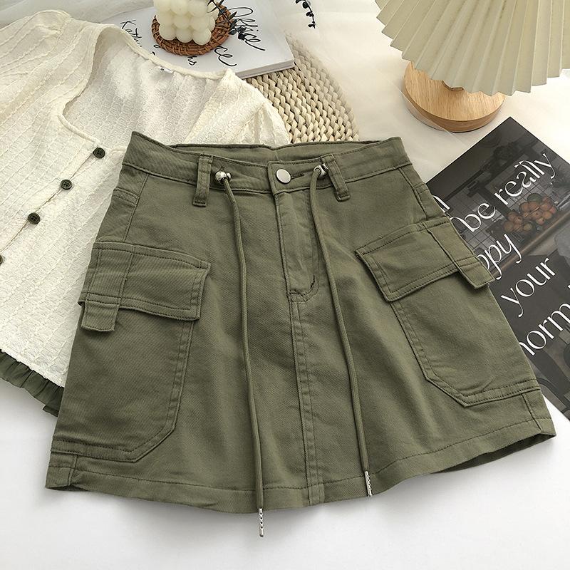 Women's High Waist Cargo Skirt A-Line Skirt Drawstring Pocket Patchwork Solid Color Micro Stretch Casual Mini Skirt