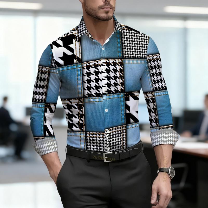 Men's Shirt, Ethnic Style Diamond Shaped Geometric Printed Long Sleeved Shirt, Business Casual Spring and Autumn Collar Shirt