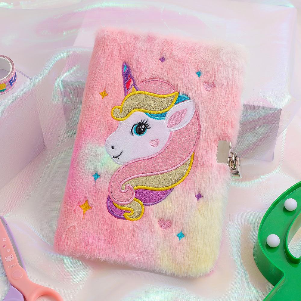 2025 Unicorn A5 Plush Diary with Lock - Cute Cartoon Kids' Writing Notebook