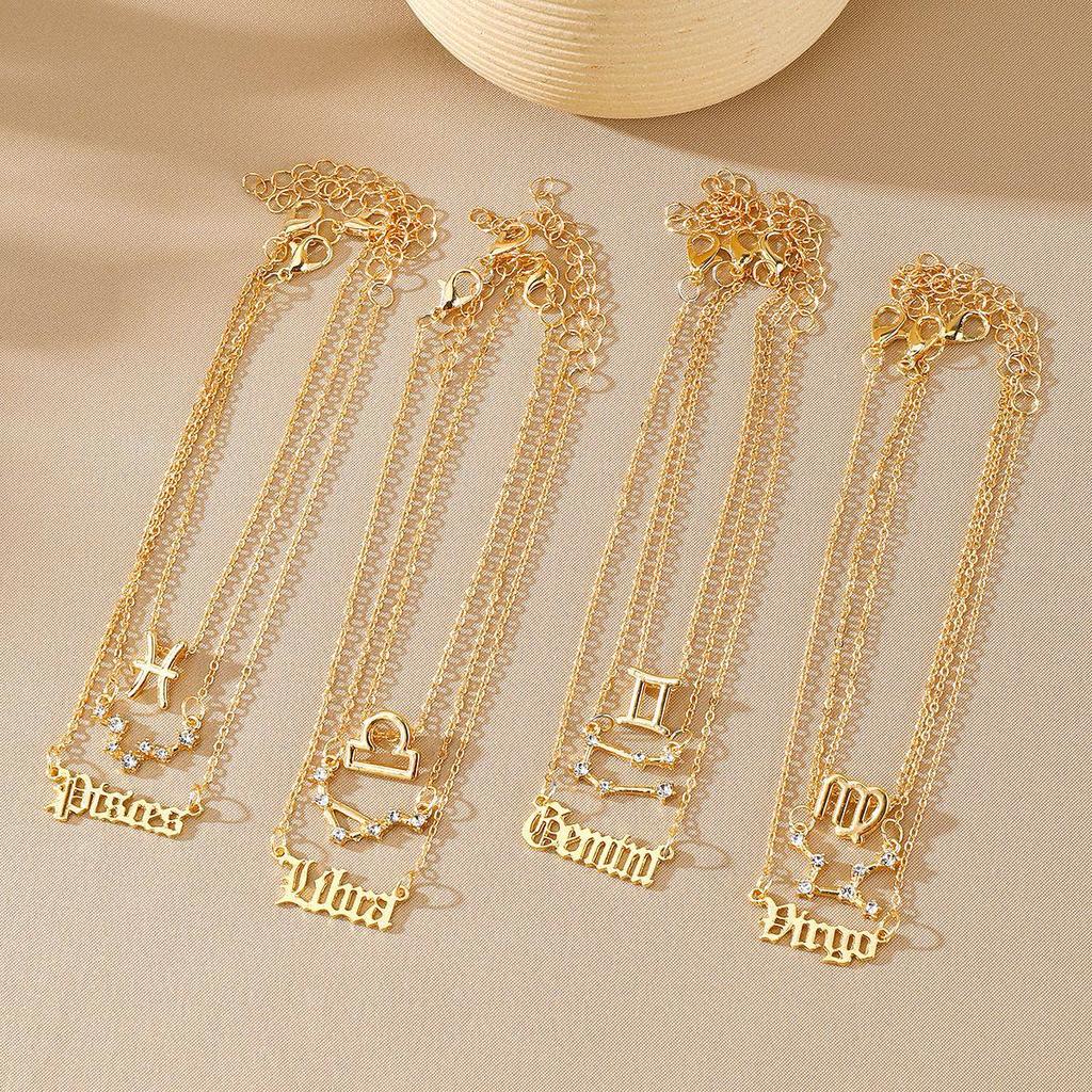 12 Constellation Multilayer Zodiac Anklet Set for Women - Gold Rhinestone High-End Jewelry, 3-Piece