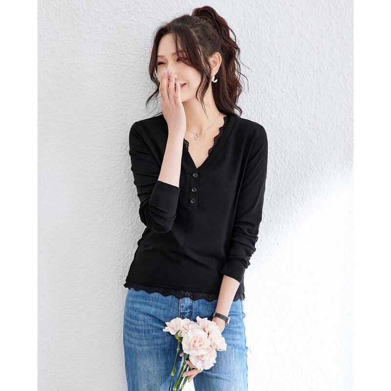 TERRE BLEUE Women s V-Neck Lace Splice Long Sleeve T-Shirt L