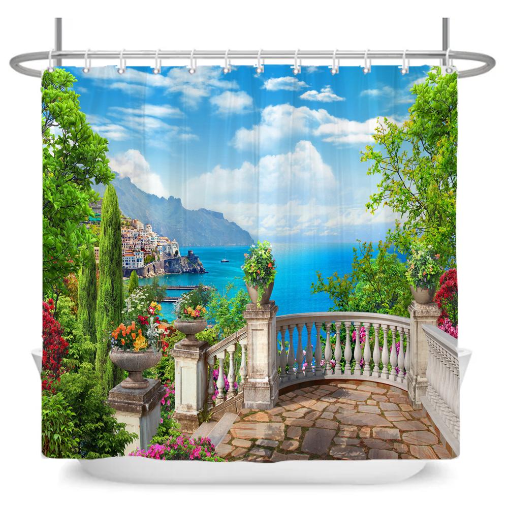 Beautiful Seaside Garden 3D Print Shower Curtain Rural Flower Scenery Bathroom Waterproof Bathtub Curtain Home Decor With Hooks