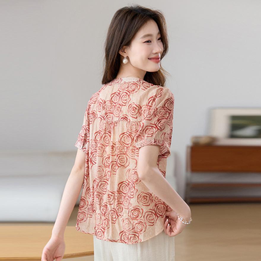 Light Floral Short-sleeved Chiffon Shirt T-shirt Women's Summer New Medium Loose and Thin Shirt Top