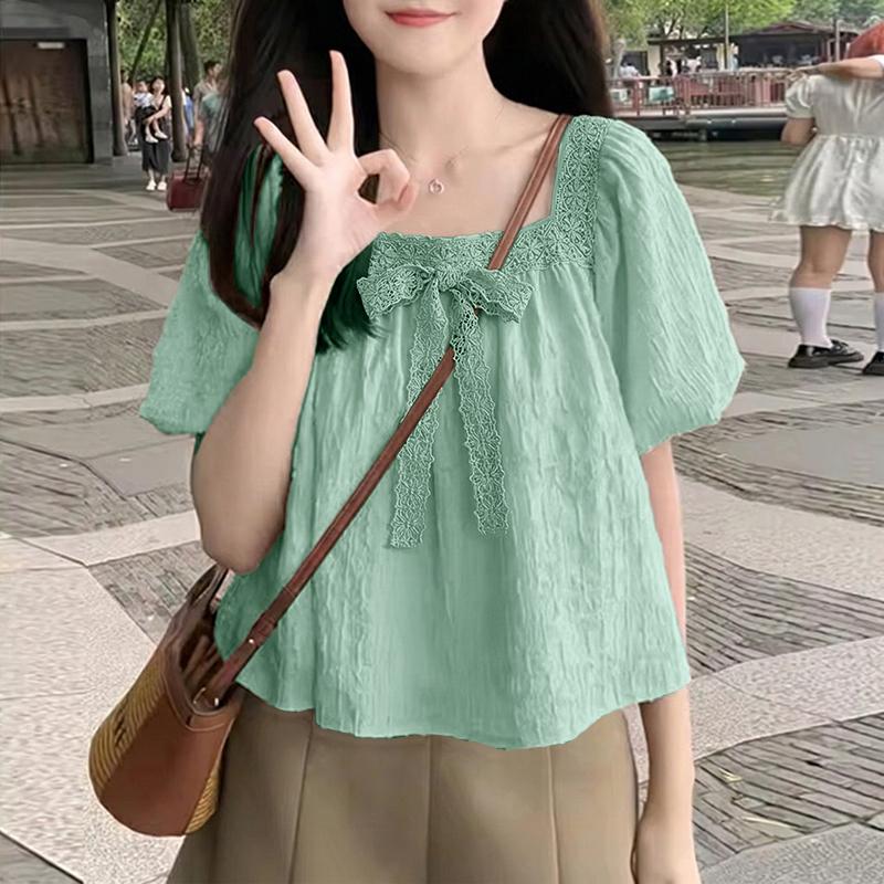 ZANZEA Women Lace Splice Square Collar Casual Short Sleeve Blouse