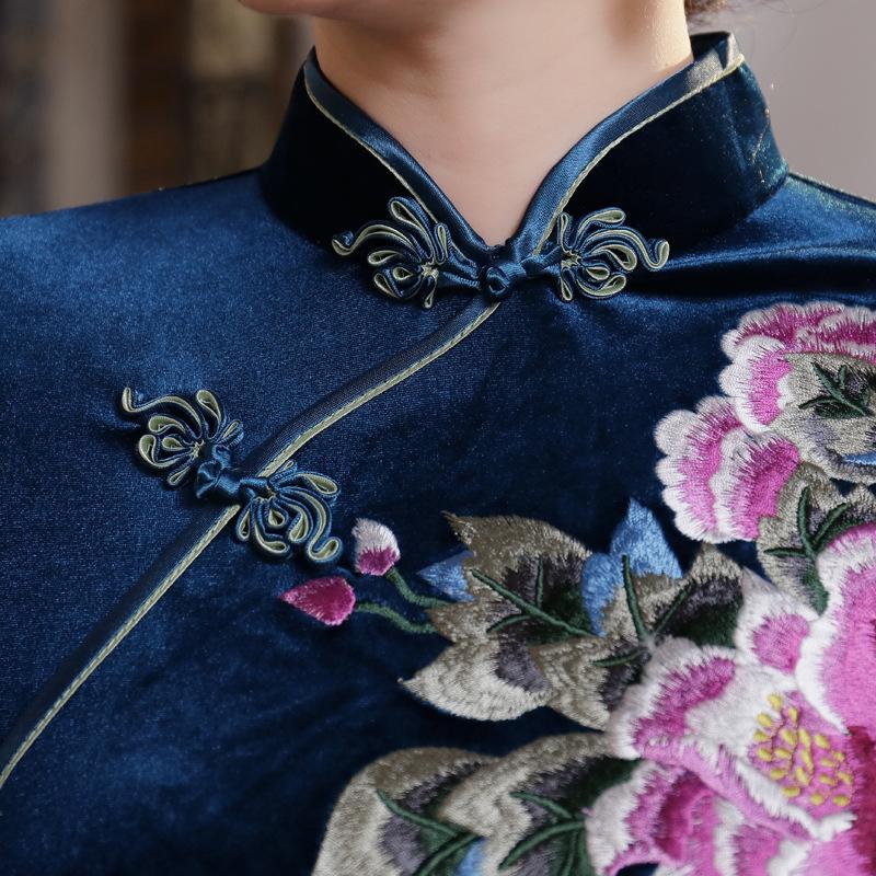 T0011-C Autumn and winter velvet long cheongsam improved daily banquet large size performance clothes women's Chinese style