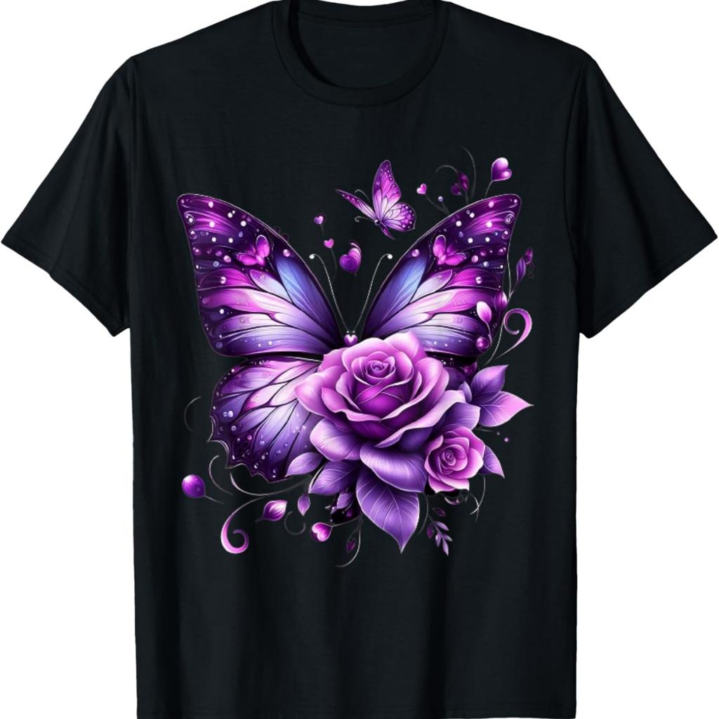 Schmetterling auf einer lila gefärbten Rosenblüte Schmetterlingsliebhaber T-Shirt