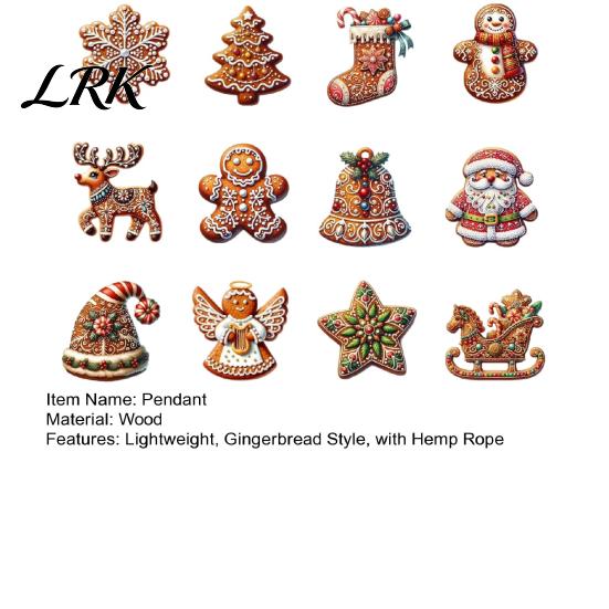 Christmas Store Window Decorations Wooden Gingerbread Style Ornaments with Natural Hemp Rope, Retro Festive Hanging Exchange Gift Items Pendants