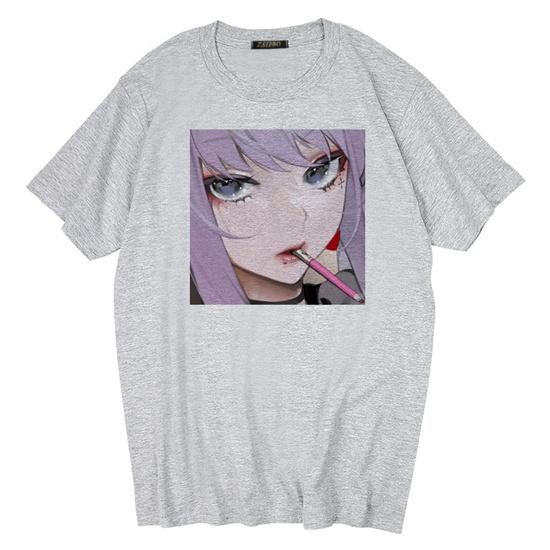 Dark Gothic Short Sleeve T-shirt Cute Cartoon Girl Streetwear Simple Casual Top Retro Loose E-Girl Summer Short Sleeve T-shirt