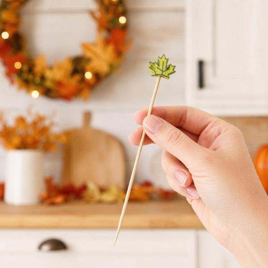 100PCS Disposable Cocktail Picks Thanksgiving Themed Bamboo Skewers with Maple Leaves Pumpkins Acorns