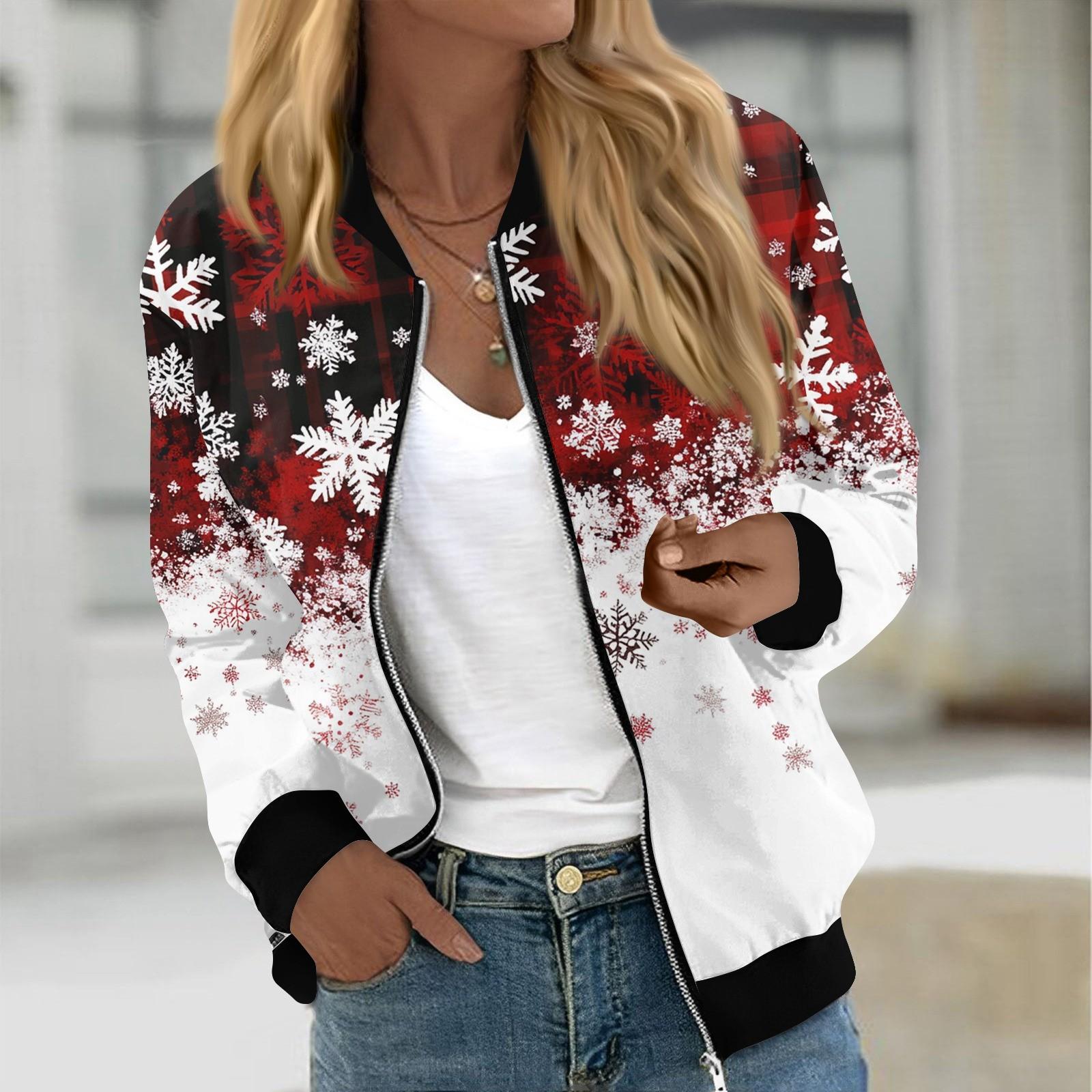 

Куртки женские с длинным рукавом, легкие, на молнии, укороченные, модные, с рождественским принтом, верхняя одежда, повседневные, стеганые куртки с карманами L киноварь