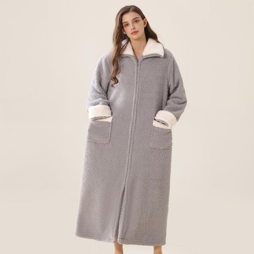 Men's Plush Bathrobe Zipper Up Long Housecoat Winter Warm SPA Fleece Duster Robe with Pocket Flannel Full Length Loose Fit Nightgown Sleepwear for Men