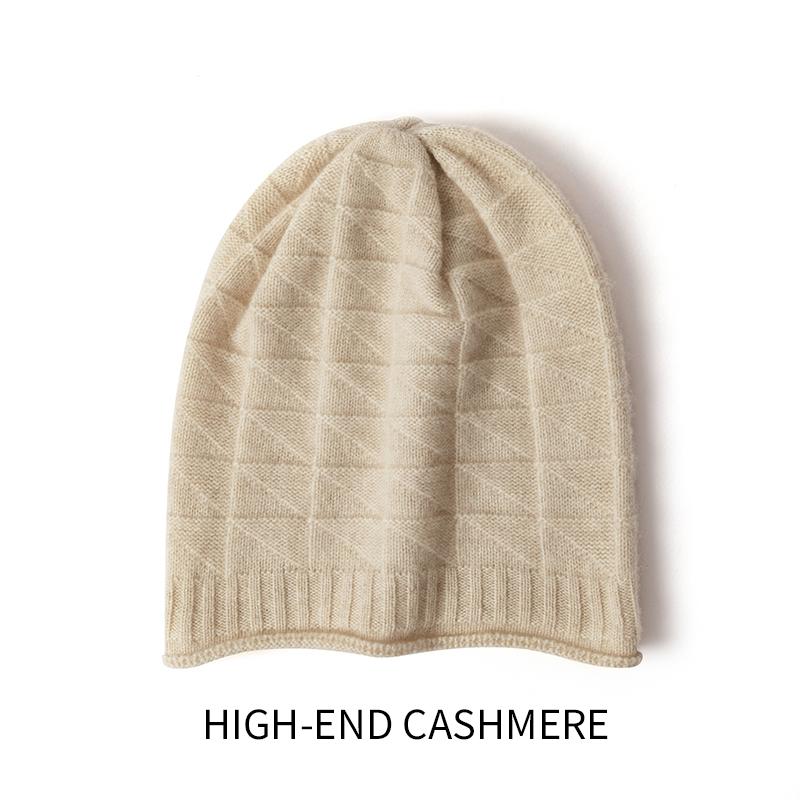Women 100% Cashmere Beanie Hat Geometric Knit Pattern Mini Rolled Cuff Winter Warm Soft Slouchy Skullies Cold Weather Accessory