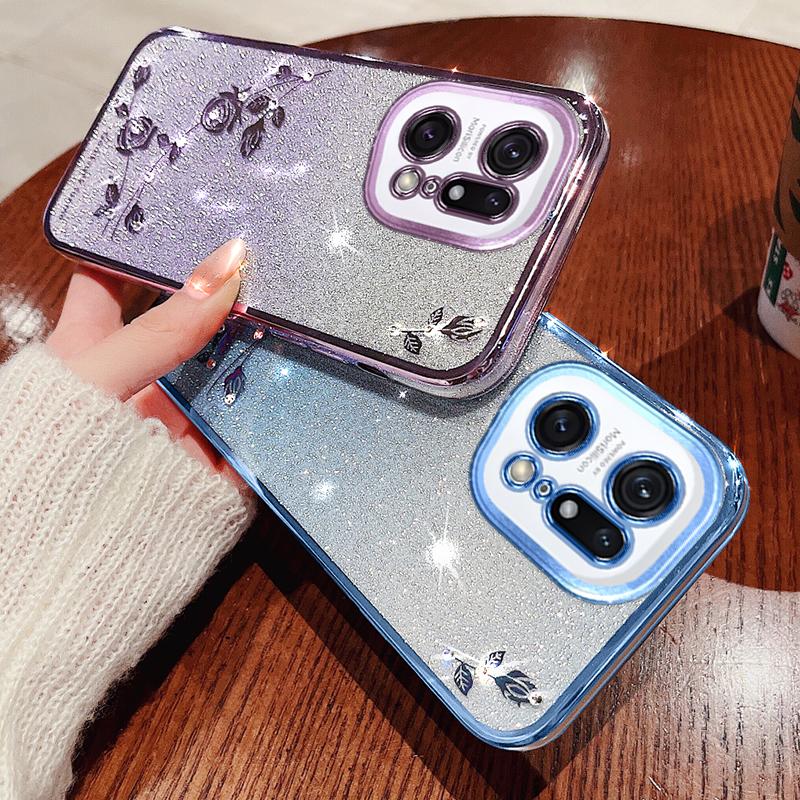 KADEM For Oppo Find X5 Pro 5G Cell Phone Case Rhinestone Flower Pattern Gradient Color Glitter Powder TPU Cover Protector