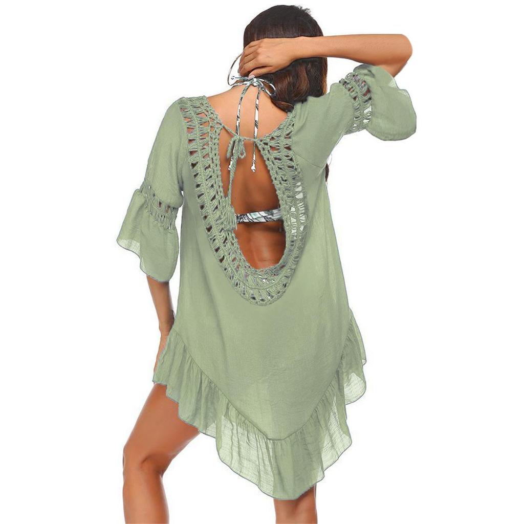 Hand-Knitted Bamboo Cotton Patchwork Crochet Beach Dress with Large Open Back