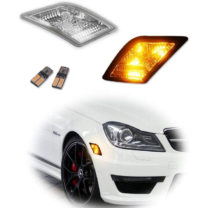 

GTINTHEBOX CAN-bus Error Free Clear Lens Side Marker Lamps with Pure White LED Lights for 2008-2011 Mercedes Benz W204 C250 C300 C350,2008-2013 C63 Clear Lens with Amber Led