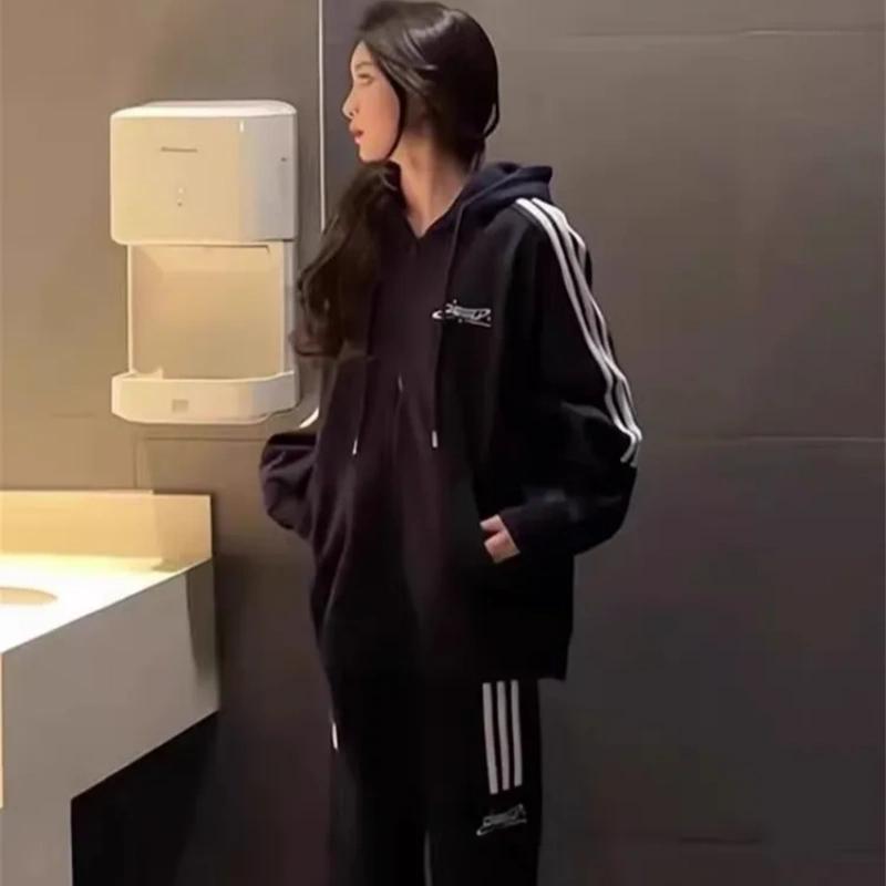 Spring and Autumn Plus Size Casual Suit Women's Loose Sweater Jacket + Wide-leg Pants Two-piece Trend