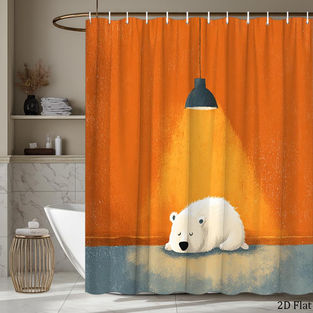 Cute Bear Shower Curtain Polar Bear Sleeping Under Hanging Lamp, Whimsical Artistic Bath Curtain For Modern Bathroom And Nursery