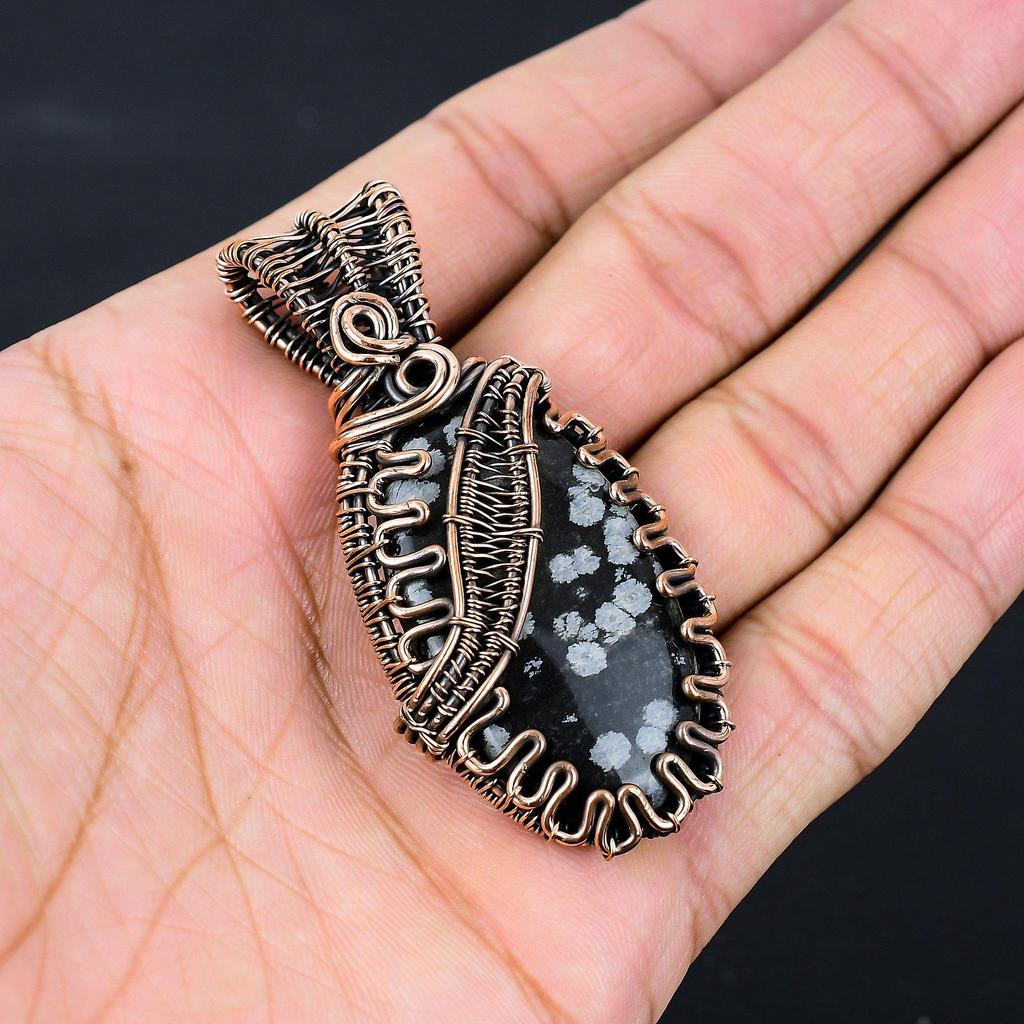 Schneeflocken-Obsidian-Edelstein, reiner Kupferdraht, umwickelt, handgefertigter Anhänger-Schmuck für Sie