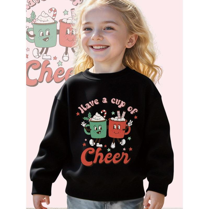 Kids Crewneck Sweatshirt, Cute Mug Cup Graphic Print, Soft Loose Fit Long Sleeve Pullover