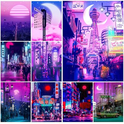 Anime City Neon Night 80s Vaporwave Japan City Street Poster Wall Art Canvas Painting Wall Pictures For Living Room Home Decor No Frame