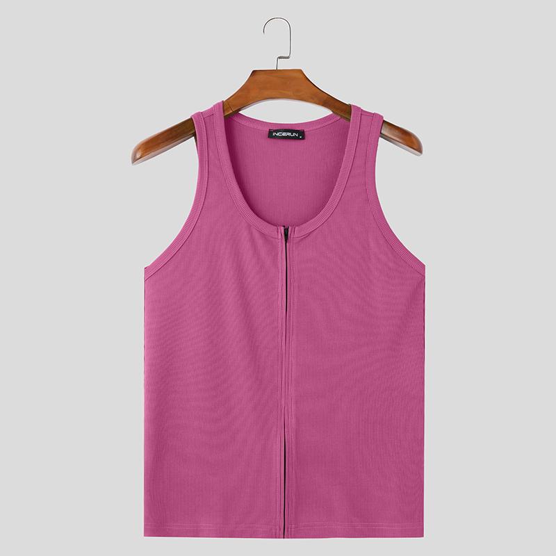 INCERUN Men Summer U Neck Sleeveless Zipper Rib Skinny Tank Tops