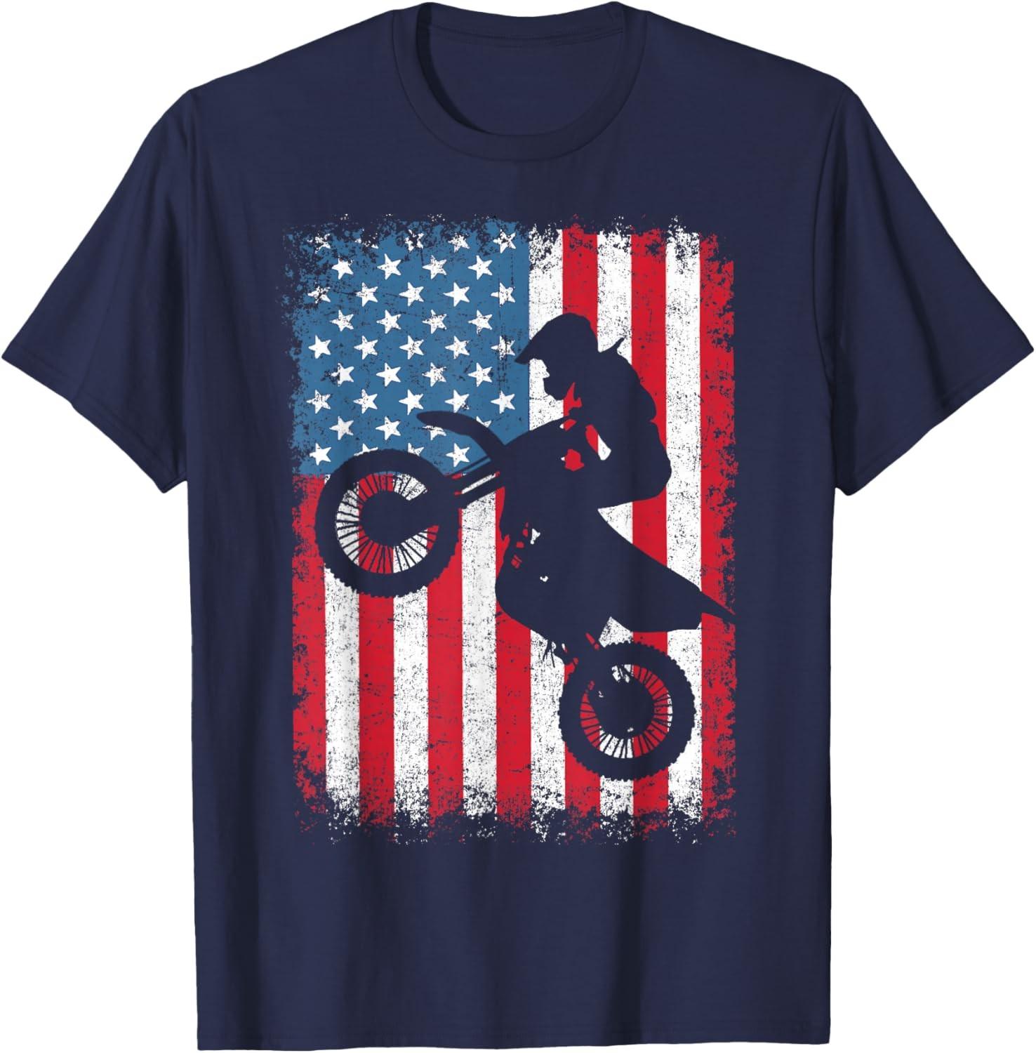 Dirt Bike Motocross Biker American Flag 4th of July Boys Men Unisex T-Shirt S разноцветный