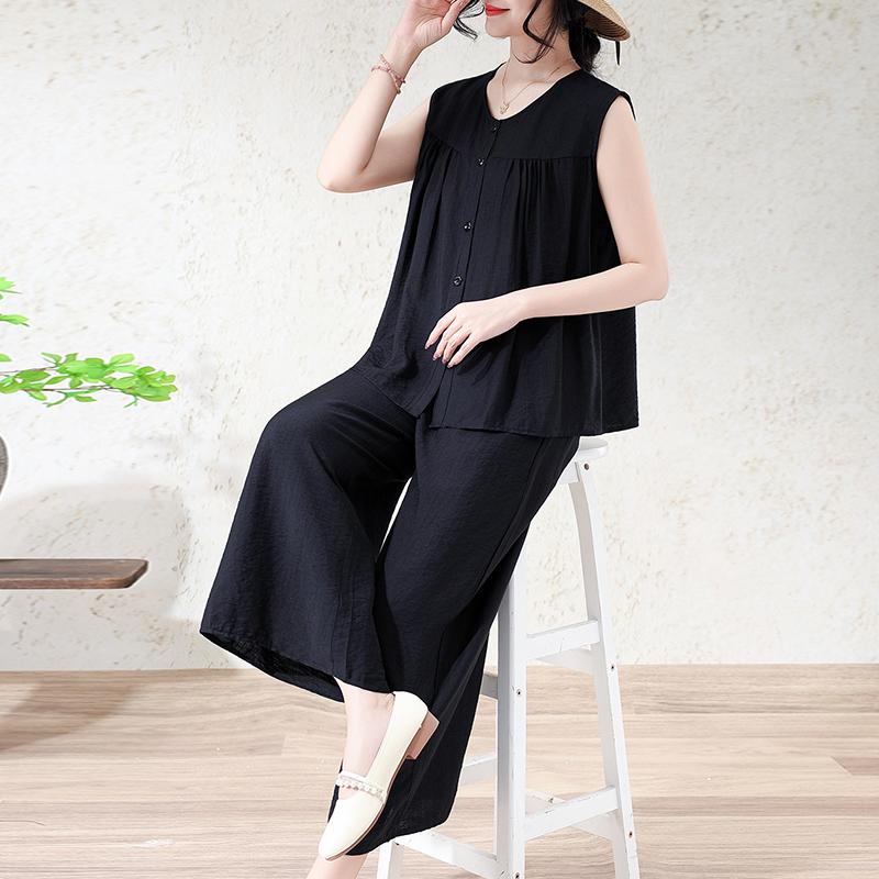 Women's Plus Size 2-Piece Set, Linen-cotton Sleeveless Button Top & Wide Leg Pants (XL-7XL)