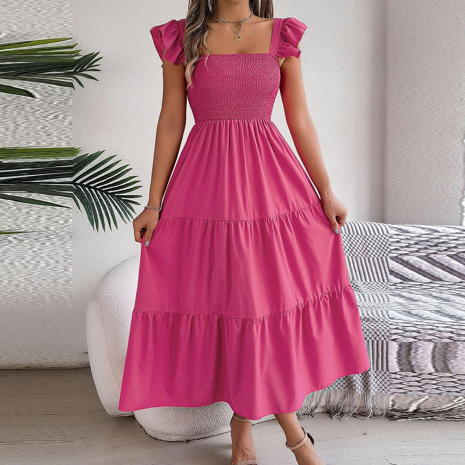 

Летнее однотонное длинное платье-майка для женщин с квадратным воротником и рукавами, платье-макси А-силуэта с открытой спиной и узкой талией, плиссированные пляжные платья XS розы красного