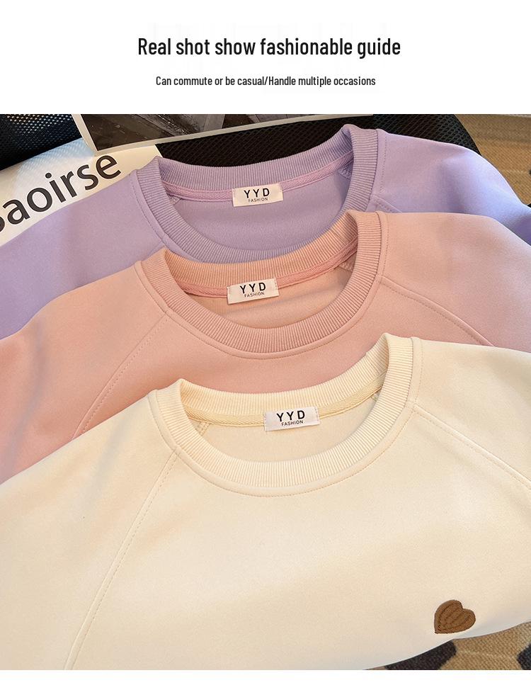 Women's Heart Embroidery Crewneck Sweatshirt: American Style, Long-Sleeved, Versatile, and Age-Reducing for Spring and Autumn.
