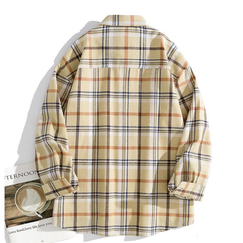 Men Casual Loose Long Sleeve Plaid Hong Kong Style Shirt