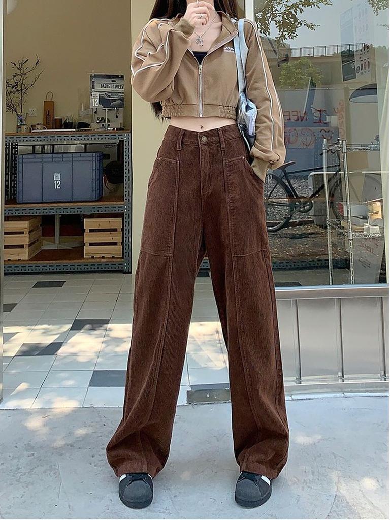 Pantaloni din Velur și Catifea côtelată Maro Retro Toamnă/Iarnă cu Crăpătură pe Picior Lărgit pentru Femei Înalte Talie Înaltă Colanți Lungi