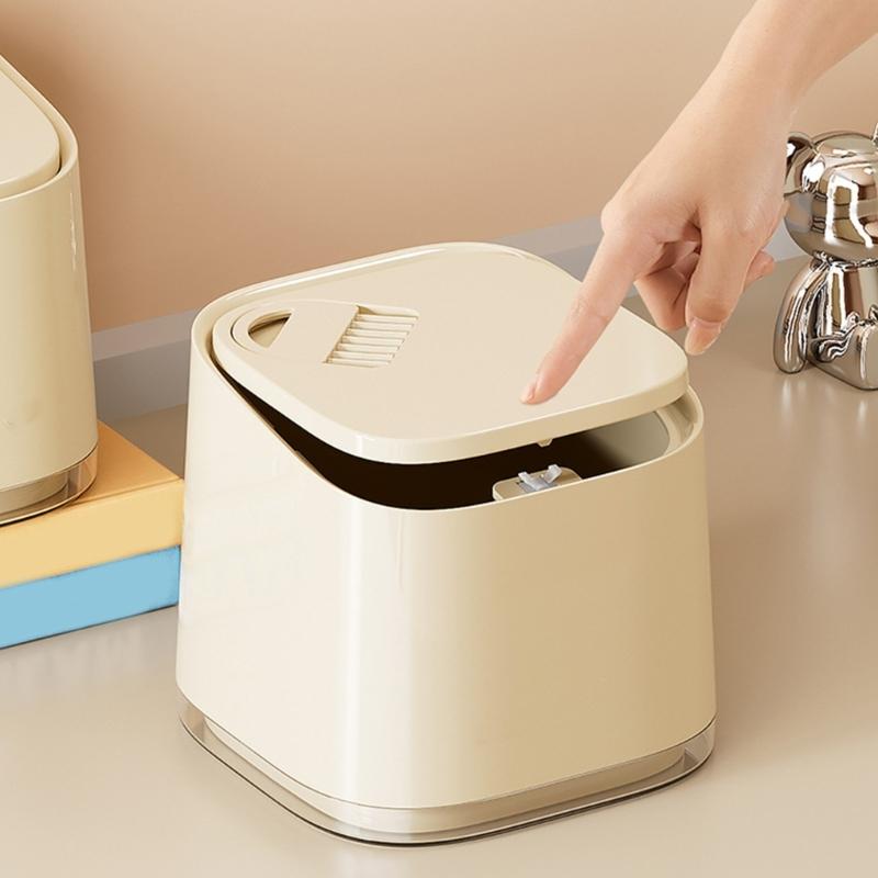 Small Wastebasket With Push Button Opening Modern Cream White Trash Bin Garbage Can For Home Office Desk Shelf Use
