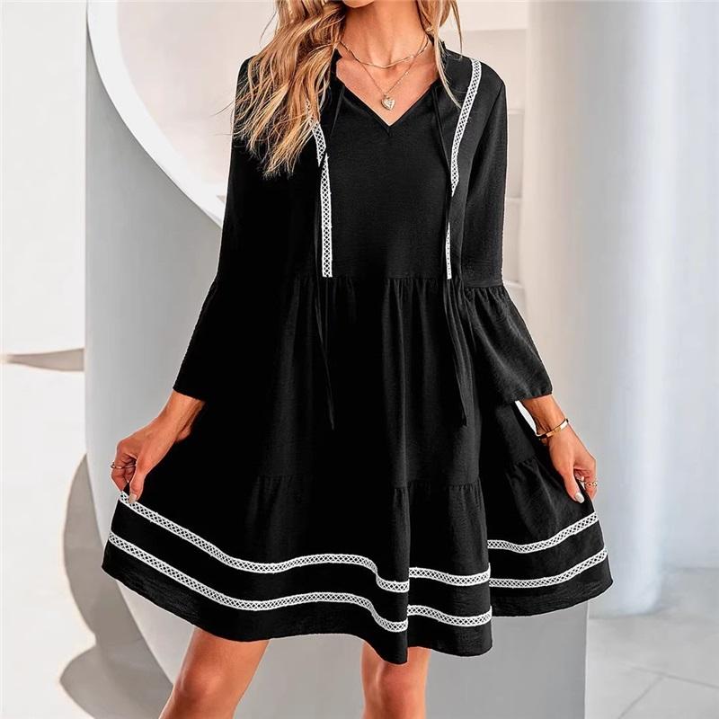 Simple Casual V-Neck Pleated Short-Sleeve Hooded Lace Dress L чёрный