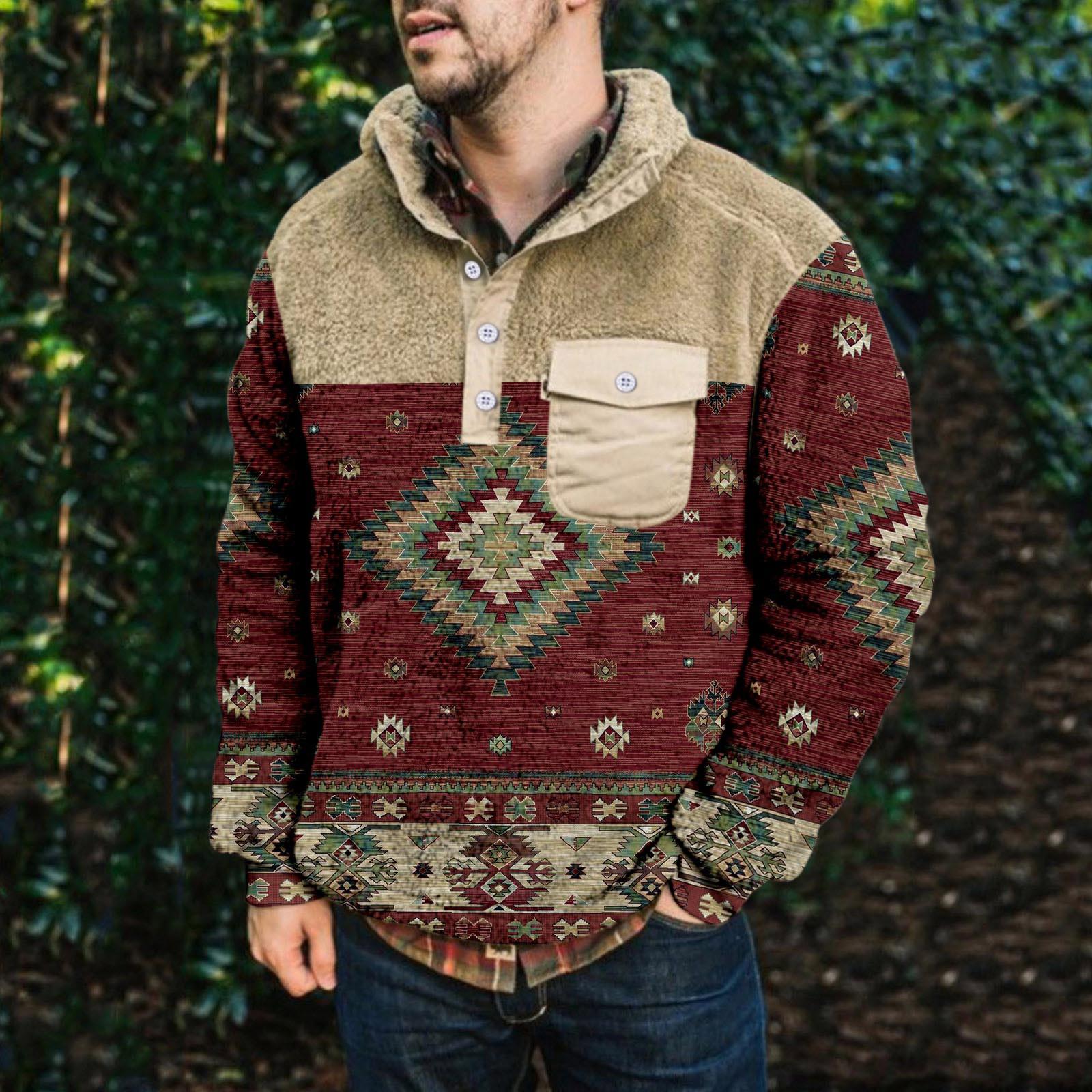 

Мужское плюшевое теплое пальто с принтом, флисовый свитер, повседневное пальто, свитер с карманами, зимнее пальто XXL винный