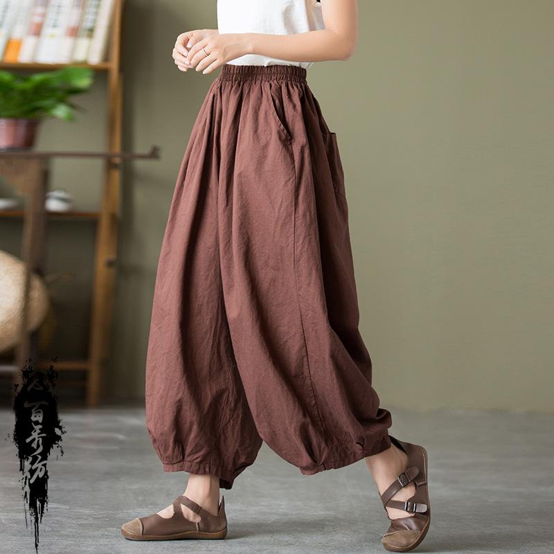 Four Seasons Cotton and Linen Women's Products Sand-washed Linen Bloomers Women's Elastic Waist Loose Casual Pants Nine-point Pants
