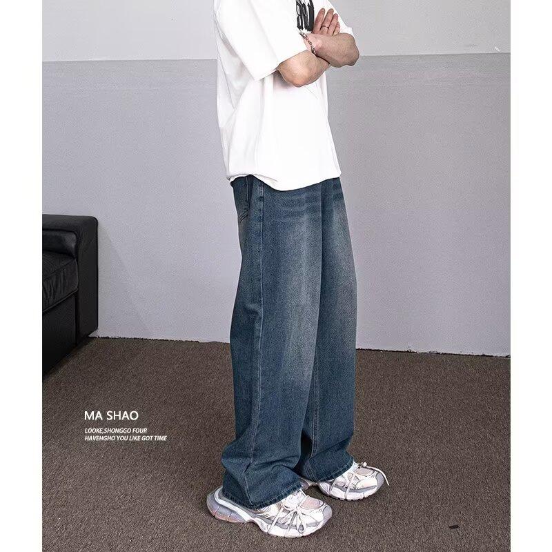 

Осенние прямые джинсы мужские потертые повседневные модные брендовые уличные дизайнерские ощущения, прочные и красивые ретро плиссированные брюки длиной до пола 3XL темно-синий