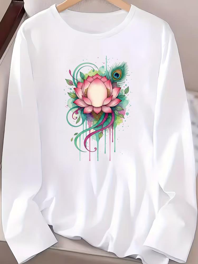 (Asian Size) flower trend cute Fashion Print T Shirt autumn winter spring Casual Tee Women Clothing Top o-neck Graphic Long Sleeve T-shirts