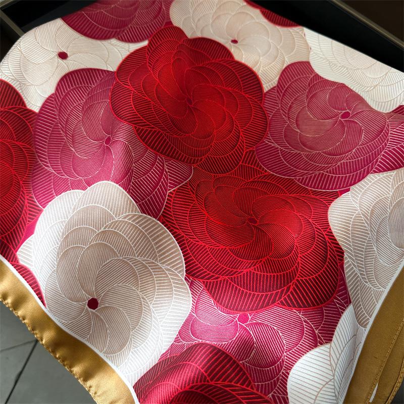 Ladies spring and summer Korean version imitation silk printing small square scarf silk scarf 71cm thin camellia sunscreen new scarf headscarf