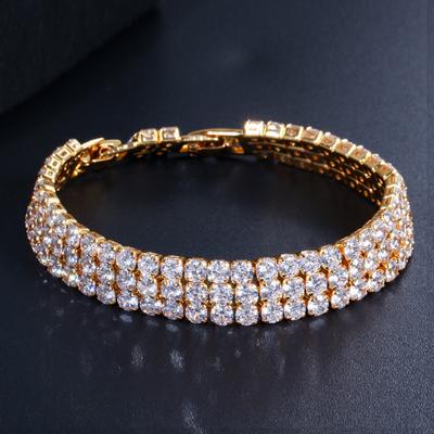 S0147 Bracelet Zircon Étincelant Trois Rangs Cuivre Respectueux de l'Environnement Plaqué Or Rétention de Couleur Bijou de Main