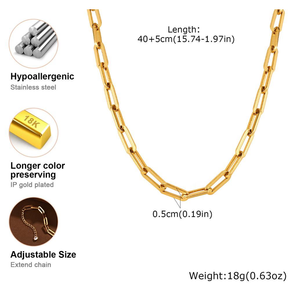 Gold Plated Stainless Steel Paperclip Chain Necklace For Women, Adjustable Rectangle Link Layering Choker Waterproof Jewelry