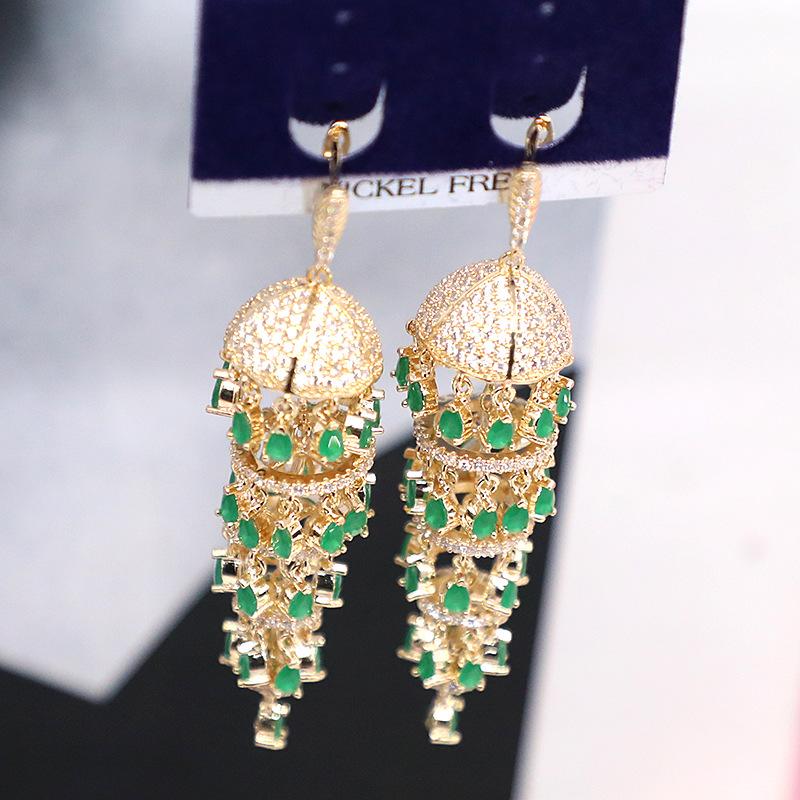 Exaggerated Luxury Full ZIRCON Long Waterdrop Chain Tassel Lantern Earrings 925 Silver Needle Wind Bohemia Ethnic Jewelry