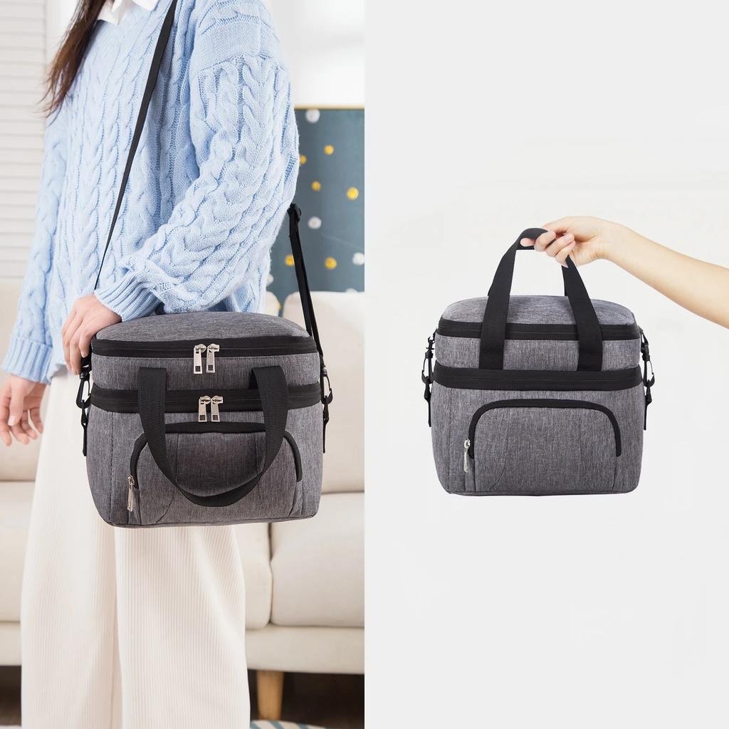 Double-Layer Insulated Lunch Bag, Portable Insulated Lunch Box, Waterproof Picnic Insulated Bag with Adjustable Shoulder Strap