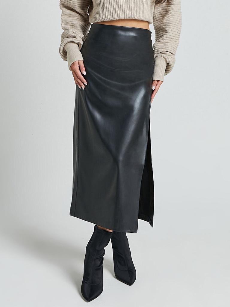 Autumn PU Pleated Skirt High Waist Zippered Half Body Skirt Slim Fit Bodycon Long Dress for Women