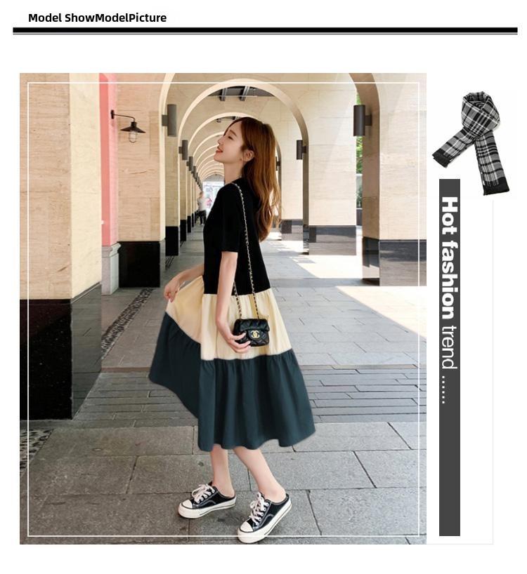 Maternity Summer A-line Knee-Length Dress with Contrast Color Splicing